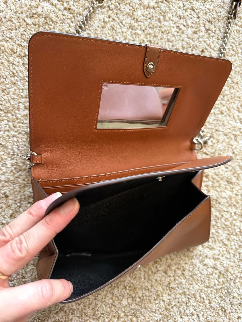 Coach Nomad Crossbody Clutch Wallet in Saddle Brown Leather Silver Chain